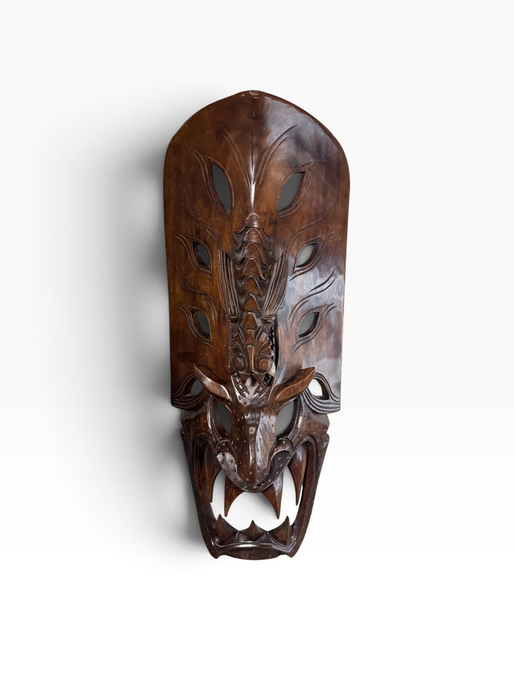 Vintage 29.5" Philippine Hand-Carved Dragon Mask LOLITA Wood Wall Art 70s 80s